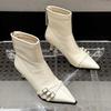 Korean Style High-End Stiletto Ankle Boots for Women - 2025 New Autumn/Winter Collection with Pointed Toe, Elastic Fit, and Buckle Detail