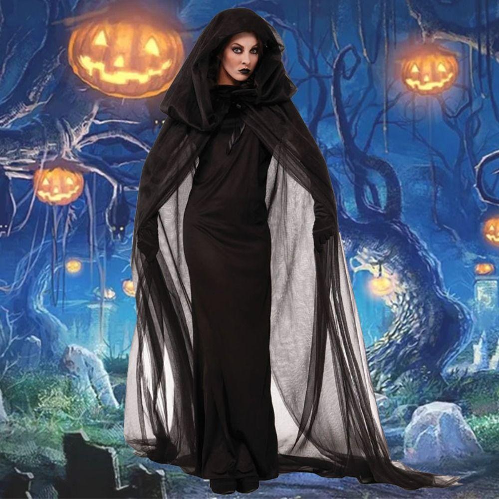 Dress Up Women Halloween Costume Lace Up Hooded Cloak Funny Mesh Ghost Cloak  Children