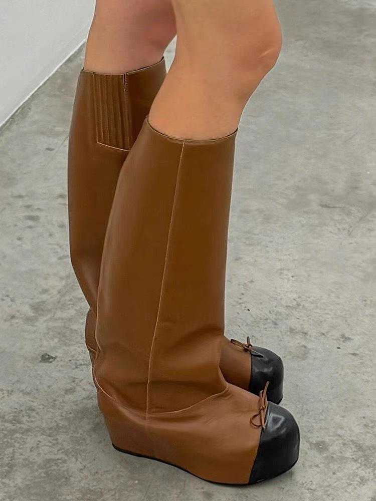 Niche Style! Bow-tie Muffin Thick-soled High Boots Women's New Round Head Color Matching Straight Boots