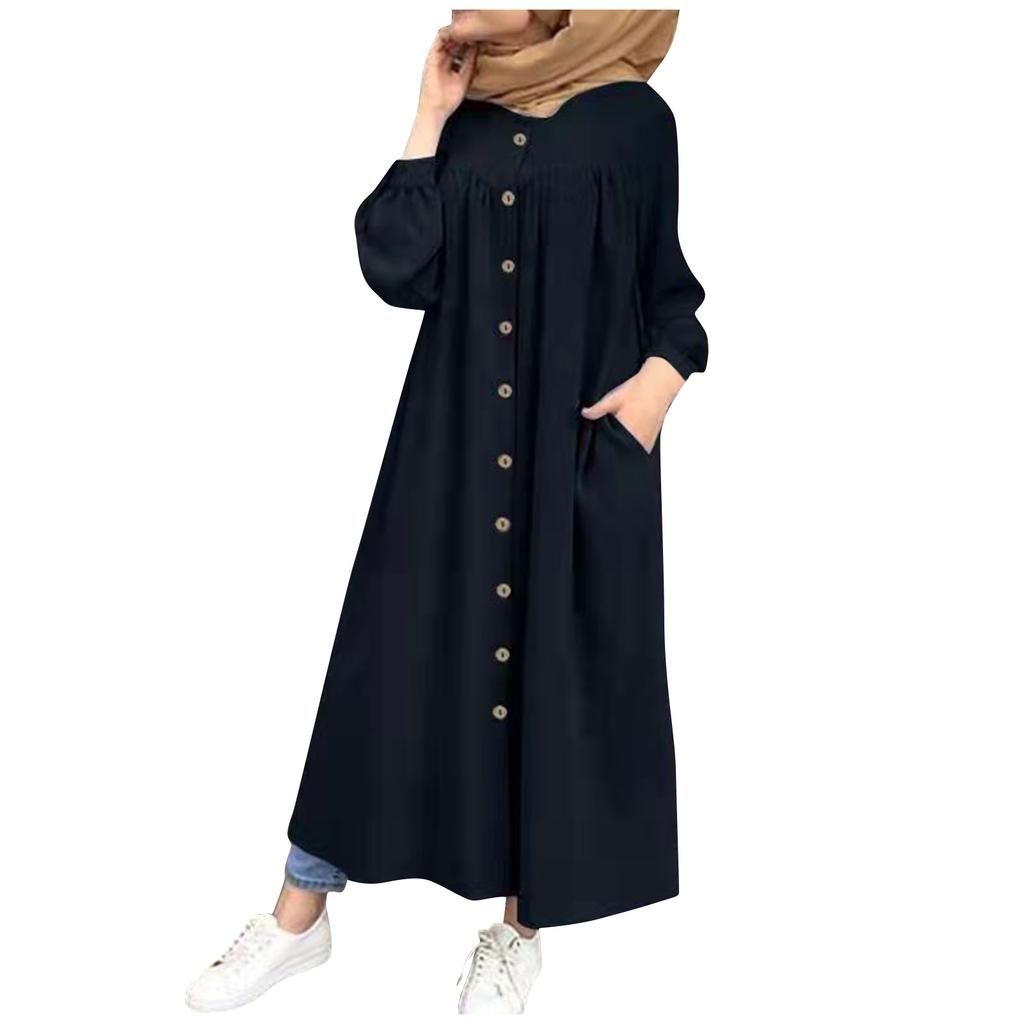 Frauen Casual Lose Einfarbig Langarm Tasche Knopf Hemd Kleid Robe