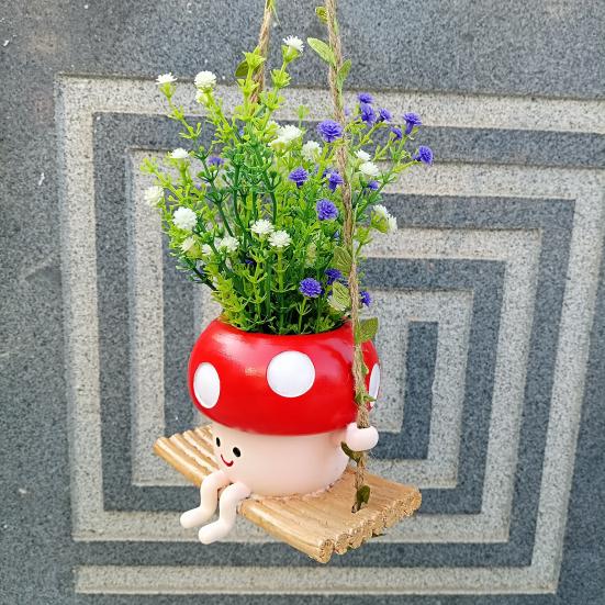 Swing Mushroom Hanging Planter Cartoon Mushroom Flower Pot Resin Succulents Planter