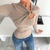 European-American Soft Asymmetrical Long Sleeve T-shirt with Hollow Metal Buckle for Women - Spring/Summer