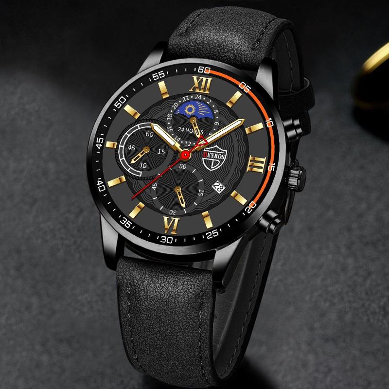DEYROS Men's Watch Fashion Men's Business Leather Calendar Watch Men's Student Luminous Quartz Watch