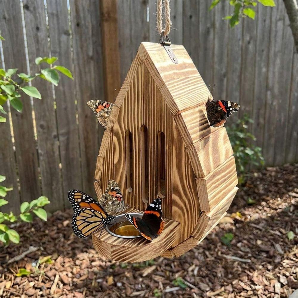 Rustic Wood Butterfly Bee House Teardrop Shaped Butterfly Habitat Shelter Patio Decor
