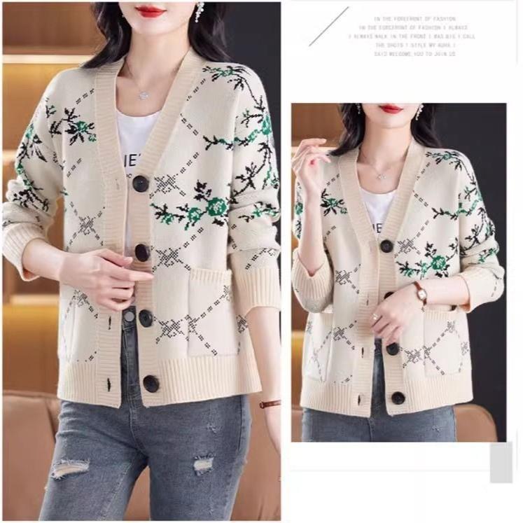 Autumn Winter Women's Plus Size Knitted Cardigan V-neck Printed Knitted Cardigan Sweater Jacket Knitted Top Outerwear.