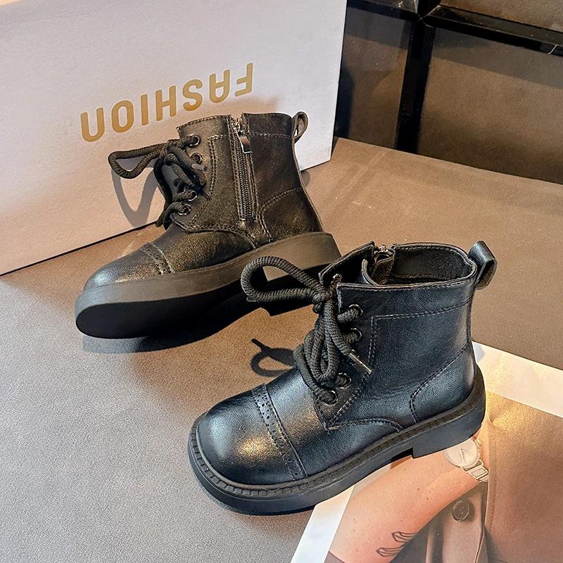 New Children's Autumn Boots Solid Color Cool Girl Causal Ankle Boots Round-toe Versatile Kids Fashion Leather Boots Side Zipper