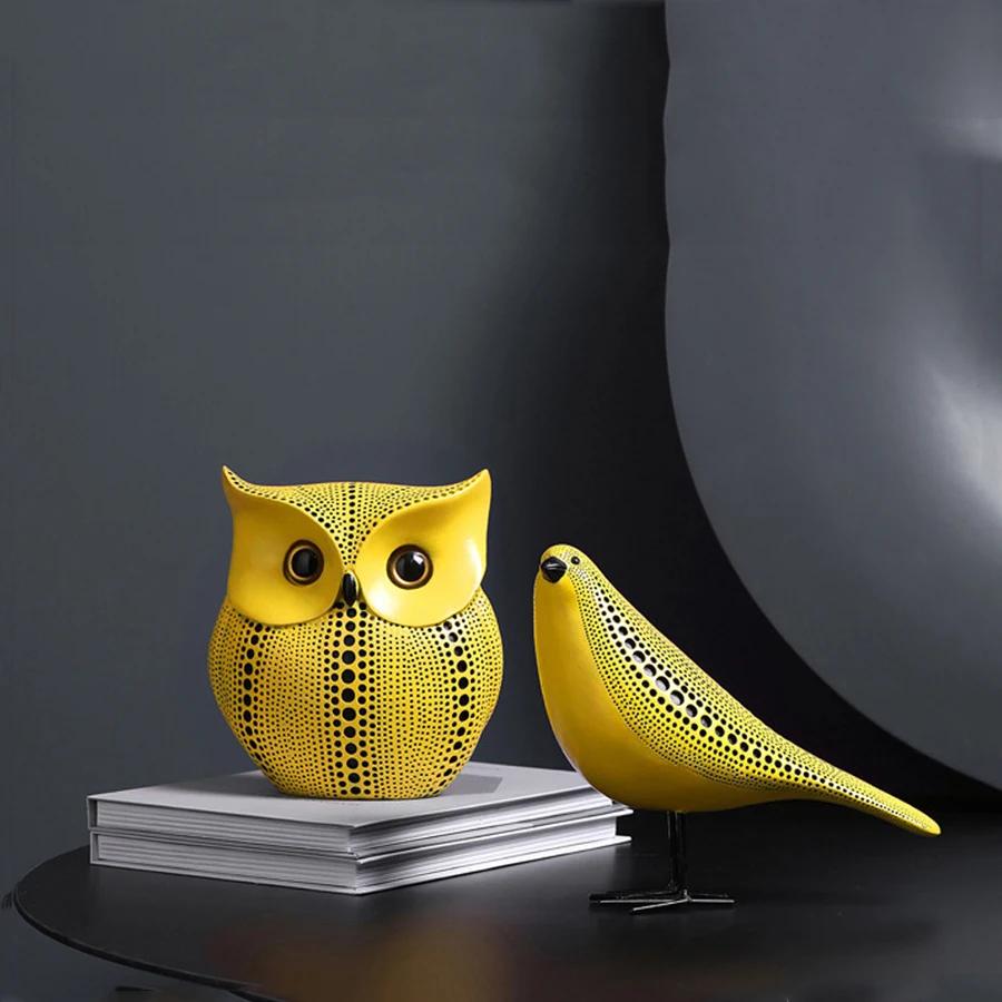 Yellow Dots Animal Owl Pumpkin Bird Statues Ornament Home Room Sculpture Cute Fall Harvest Desktop Decoration Figurine