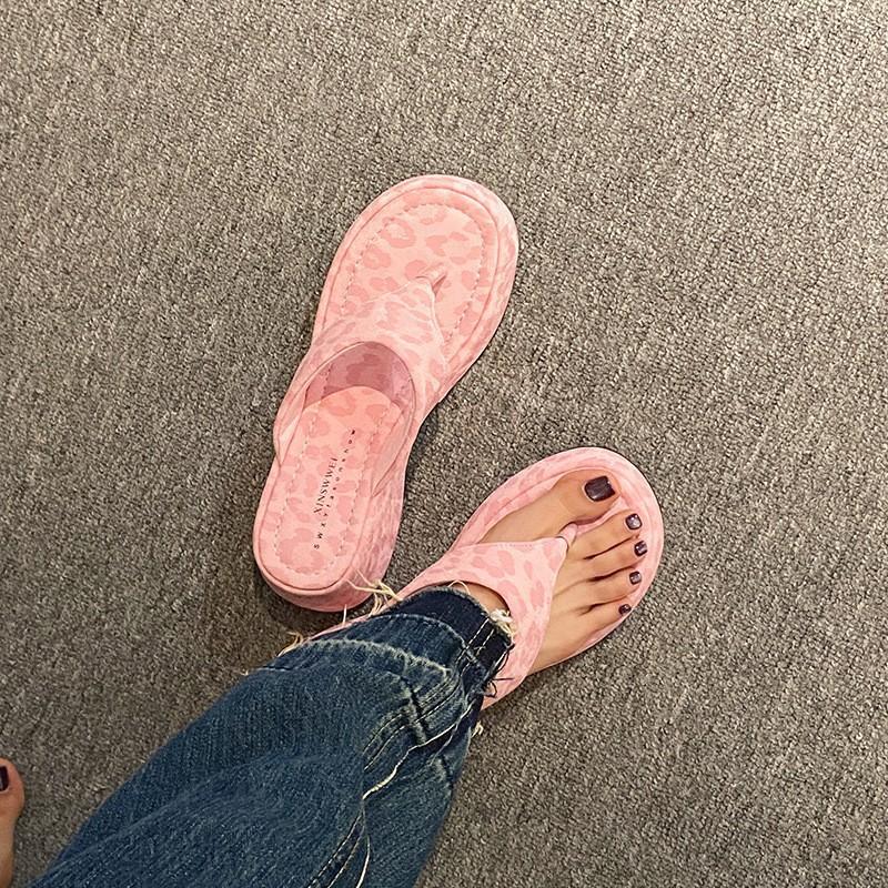Wear summer high heels sandals toes new slippers leopard print herringbone female slope heel pink clip 2025