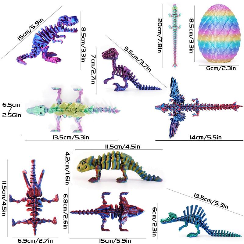 Pack of 9 3D Printed Dinosaur Model Toy Flexible Jointed Dragon Sculpture, Craft, Office Desk Ornament, Birthday Surprise Gifts