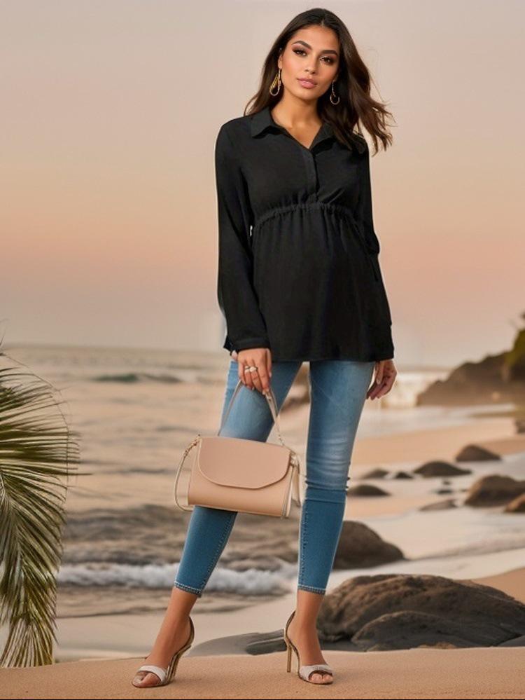 2022 Solid Color V-Neck Long-Sleeved Maternity Top