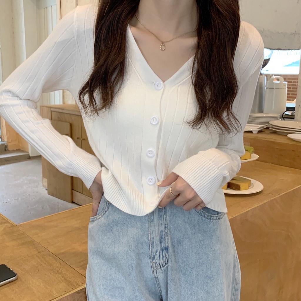 Autumn Winter V Neck Cropped Long Sleeve Knit Cardigan Women Solid Outerwear Coat