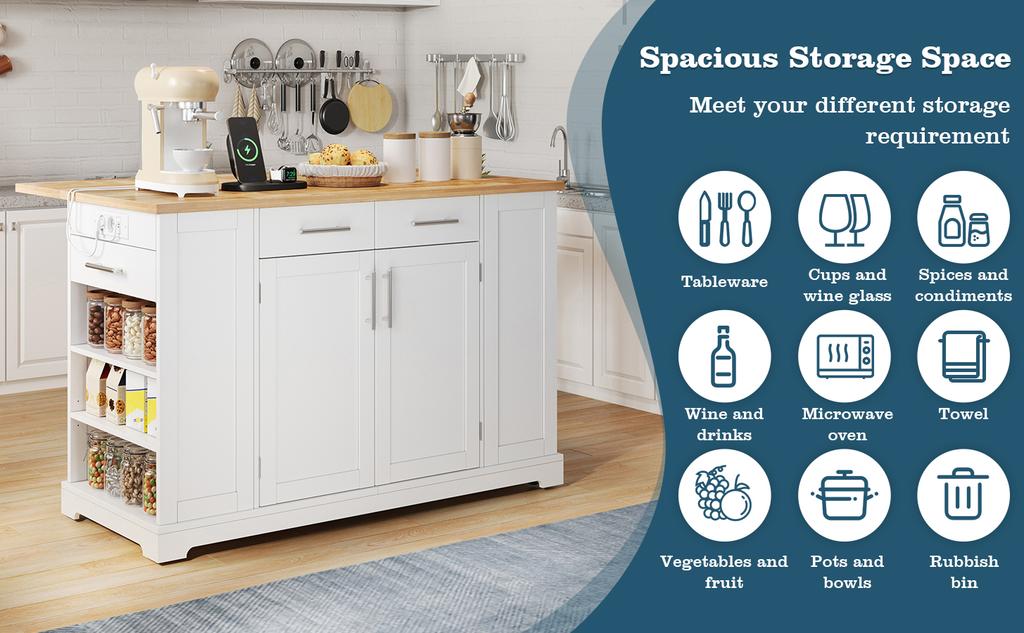 138 Cm, Kitchen Island with Folding Worktop, Quiet Casters, EU Socket, Adjustable Shelves and Pull-Out Trash Compartment - White with Wood Look
