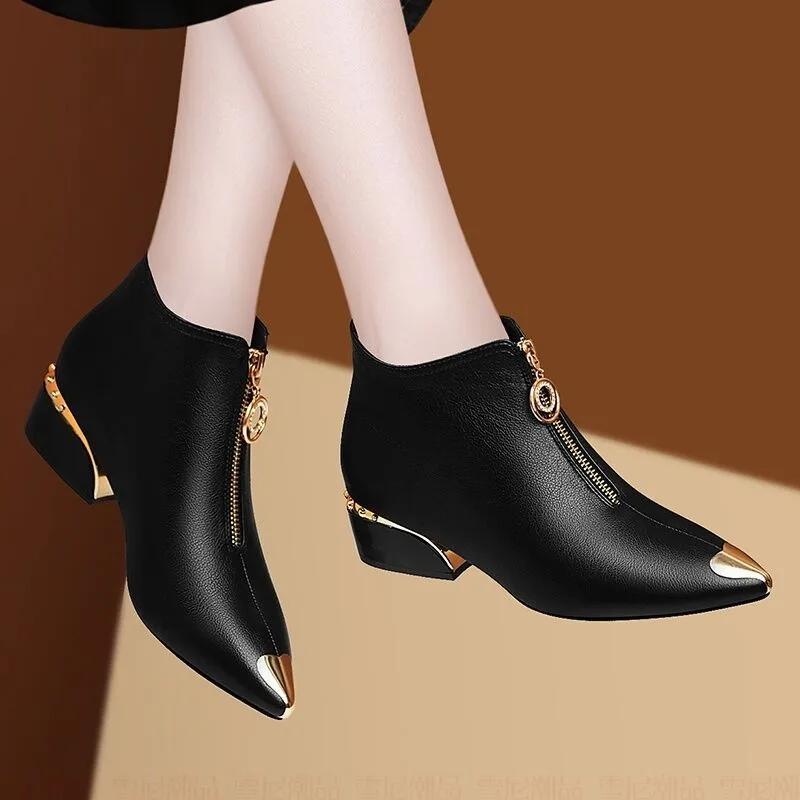 2024 Women's Boots Fashion Metal Pointed Short Boots Autumn and Winter Women Leather Boots Elegant Thick Heel Women Ankle Boots
