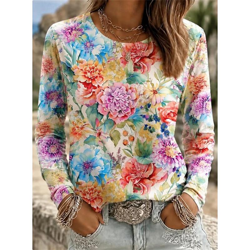 2026 Herbst Neues Damen Langarm Rundhals Lässiges T-Shirt mit Buntem Blumendruck Pflanzenelementen Outdoor Chic Top