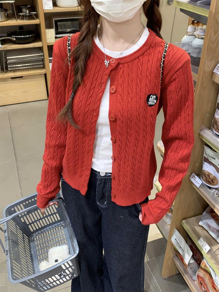 Navy Blue White Round Neck Twist Embroidered Knitted Sweater for Women's Spring and Autumn Small Design Sweater Jacket