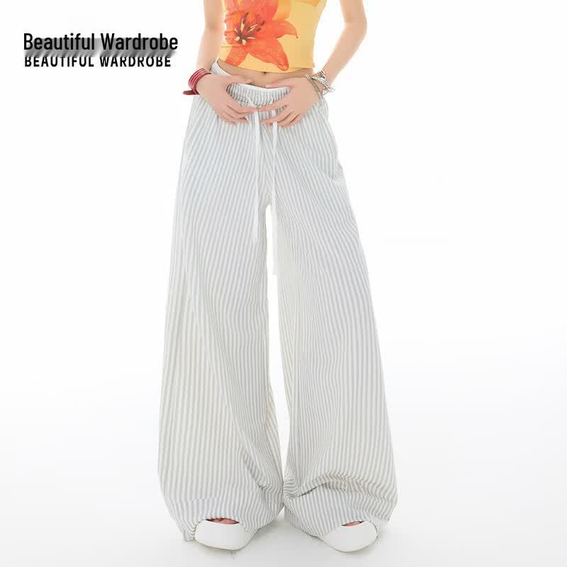 Women s Summer Vertical Stripe High-Waisted Wide-Leg Pants L