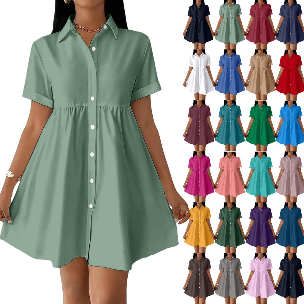 Women Short Sleeve Shirt Dress Button Down Collared Loose Fit Casual Mini Dress with Pockets Summer Style