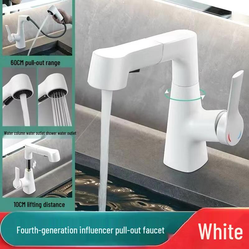 TLXT Cream White L-Shape Pull-Out Bathroom Faucet