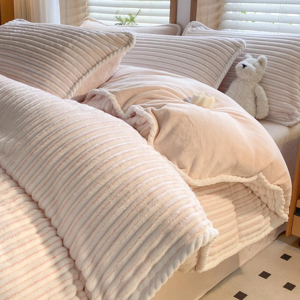 Jacquard Hemming Thickened Milk Fleece Four-Piece Set Double-Sided Fleece Quilt Cover Dormitory Three-Piece Set Bedding
