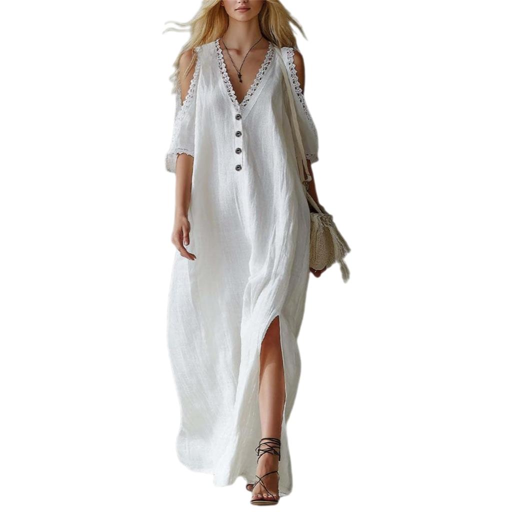 Women’s Lace Trim Loose Fit Off Shoulder Maxi Dress Casual Long Sleeve Button Down Design with Side Slit and V Neck