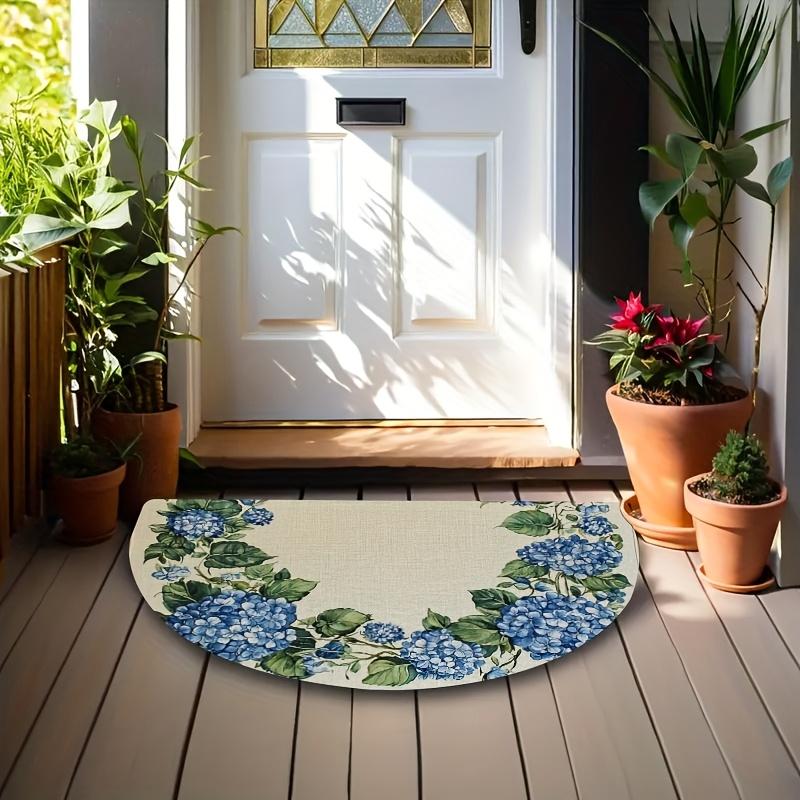 1Pcs Cream Blue Hydrangea Semi Circle Welcome Doormat Non-Slip for Outdoor Patio Porch Kitchen Bathroom Entryway Floor Mat