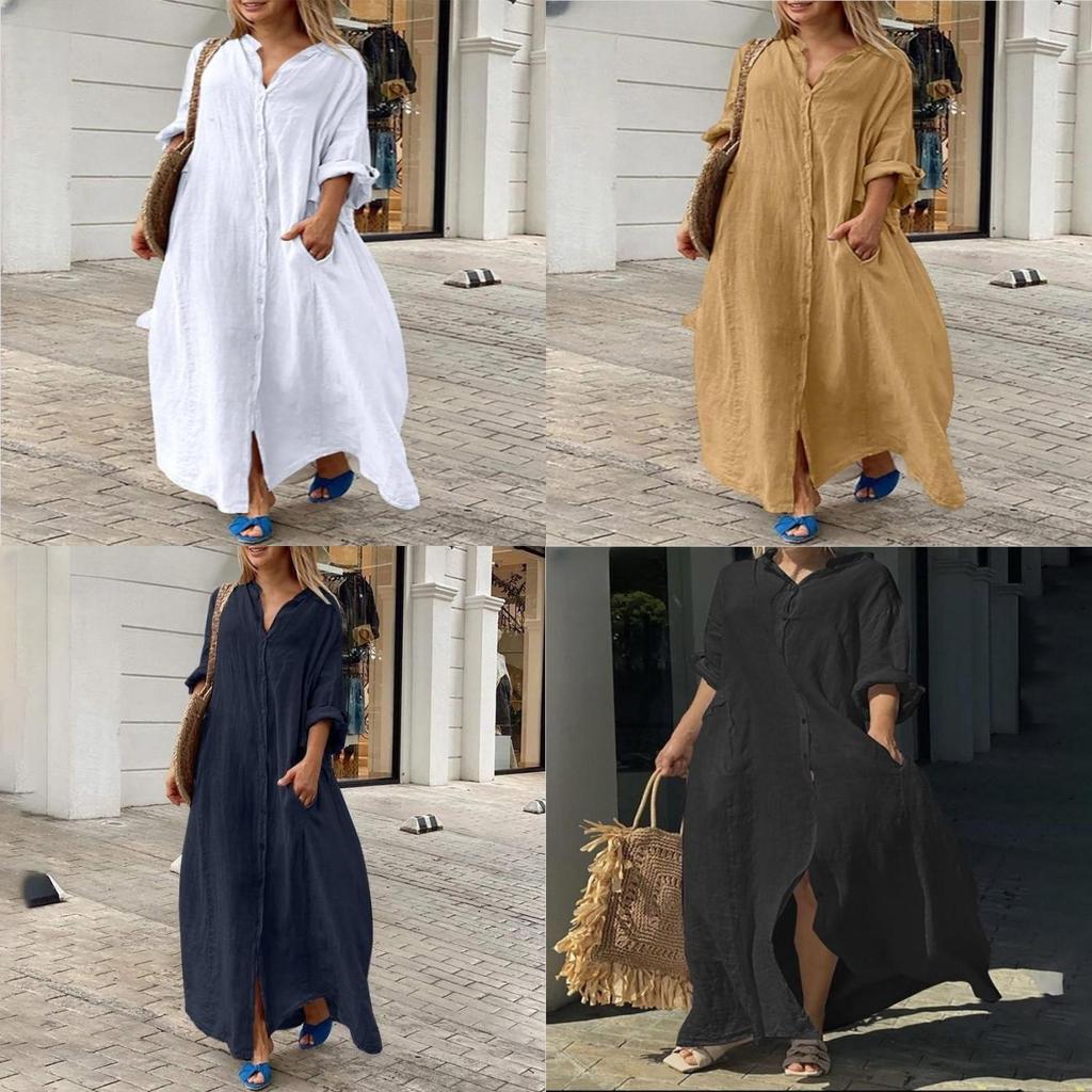 Baumwoll-Leinen-Langes Kleid Mit Stehkragen Für Lässigen Sommer Damen