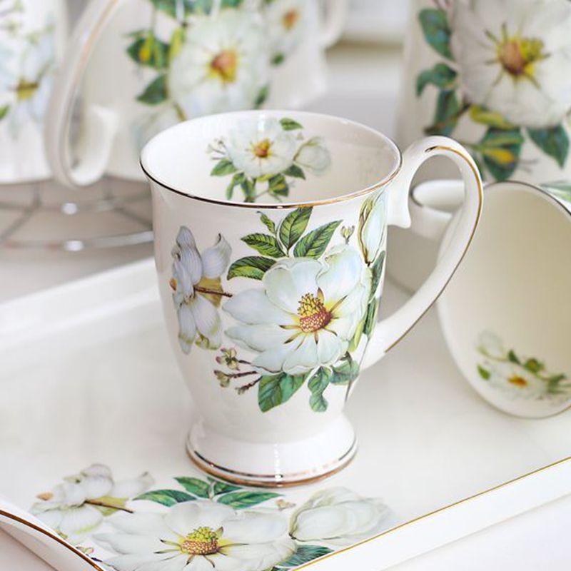 Light Luxury Ceramic Tea Mug 300ml - Fine Porcelain Bone China Coffee Mug with Gold Trim, Camelia Floral Vintage Tea Cups with Handle,1pc