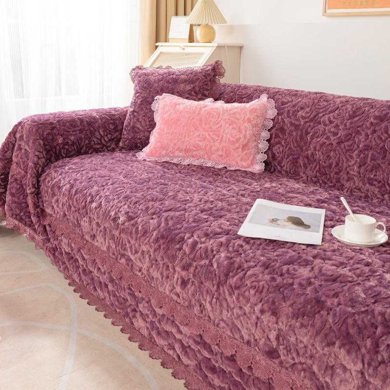 Winter Sofa Cover Plush Thickened Cushion Full Covered Cloth Four Seasons Universal Simple Embossed Velvet Winter Style