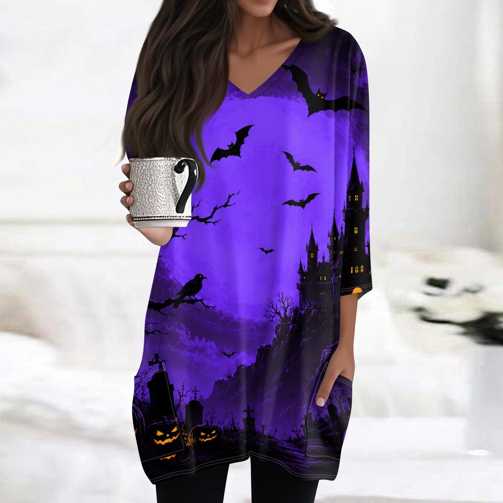 Women's Casual Halloween Print V Neck Tunic Top 3/4 Sleeve Mid Length with Pockets Lightweight Soft Fabric Relaxed Fit