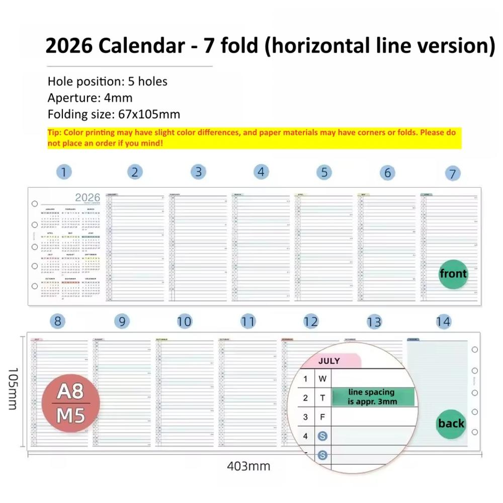 Calendario 2026 A6 A7 A8 M5 Anual Mensual Planificador de Calendario Páginas Interiores Hojas Sueltas Núcleo de Repuesto Recambios Papel Manual de Bricolaje