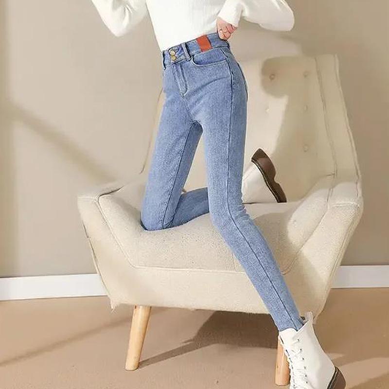 Fleecové Teplé Strečové Džínové Tužkové Kalhoty Dámské Zimní Hrubé Sametové Džíny Vysoký Pas Skinny Dámské