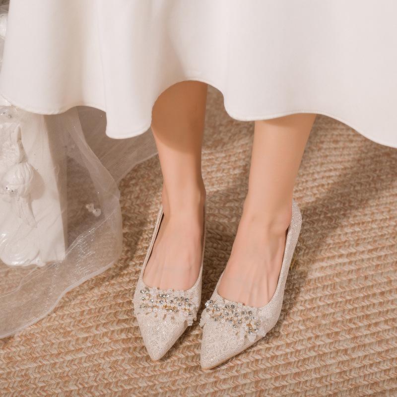 2025 New Rhinestone High-heeled French Temperament Bridal Shoes High-heeled Shoes New Daily Wear Banquet Heels