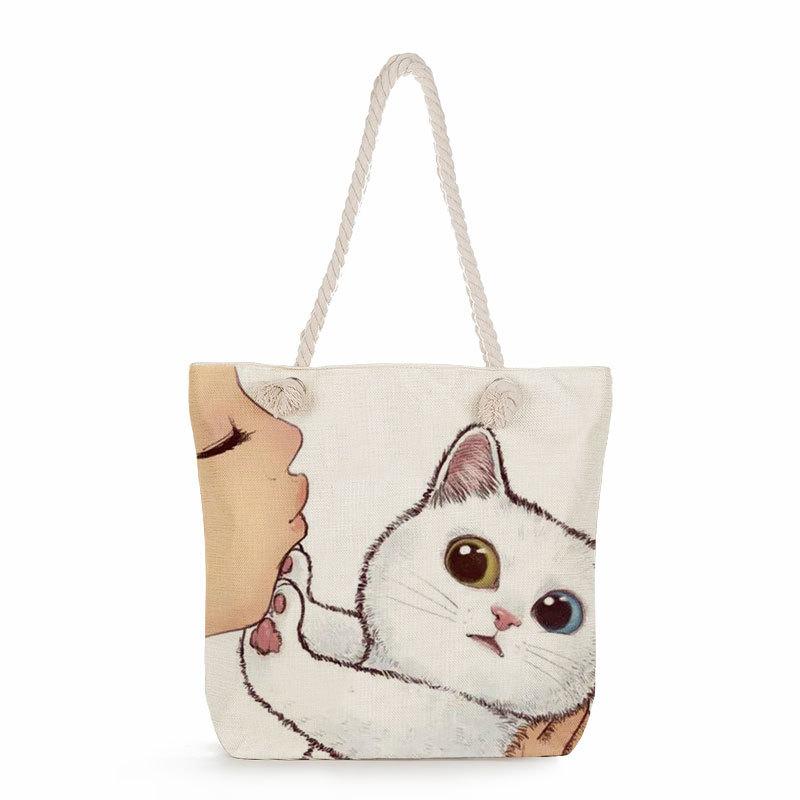Multifunctional Cute cat Printed Thick Rope Shoulder Beach Bag 7584
