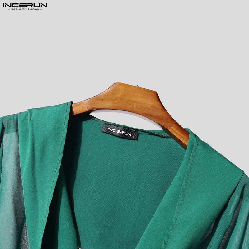 INCERUN Oversized Men V Neck Long Sleeve Bandage Transparent Loose Hooded Tops T-shirts