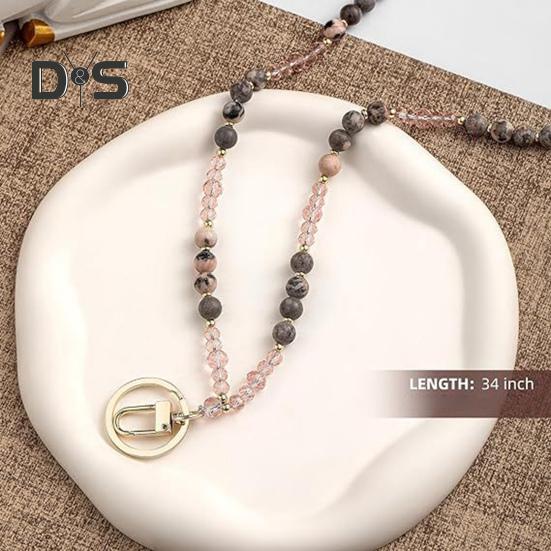 Natural Stone Faux Crystal Card Holder Adjustable ID Lanyard Women Handmade Beaded Badge Holder Lanyard