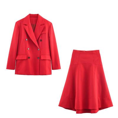 European American Style 2025 Double-Breasted Suit Jacket & Midi Skirt Set