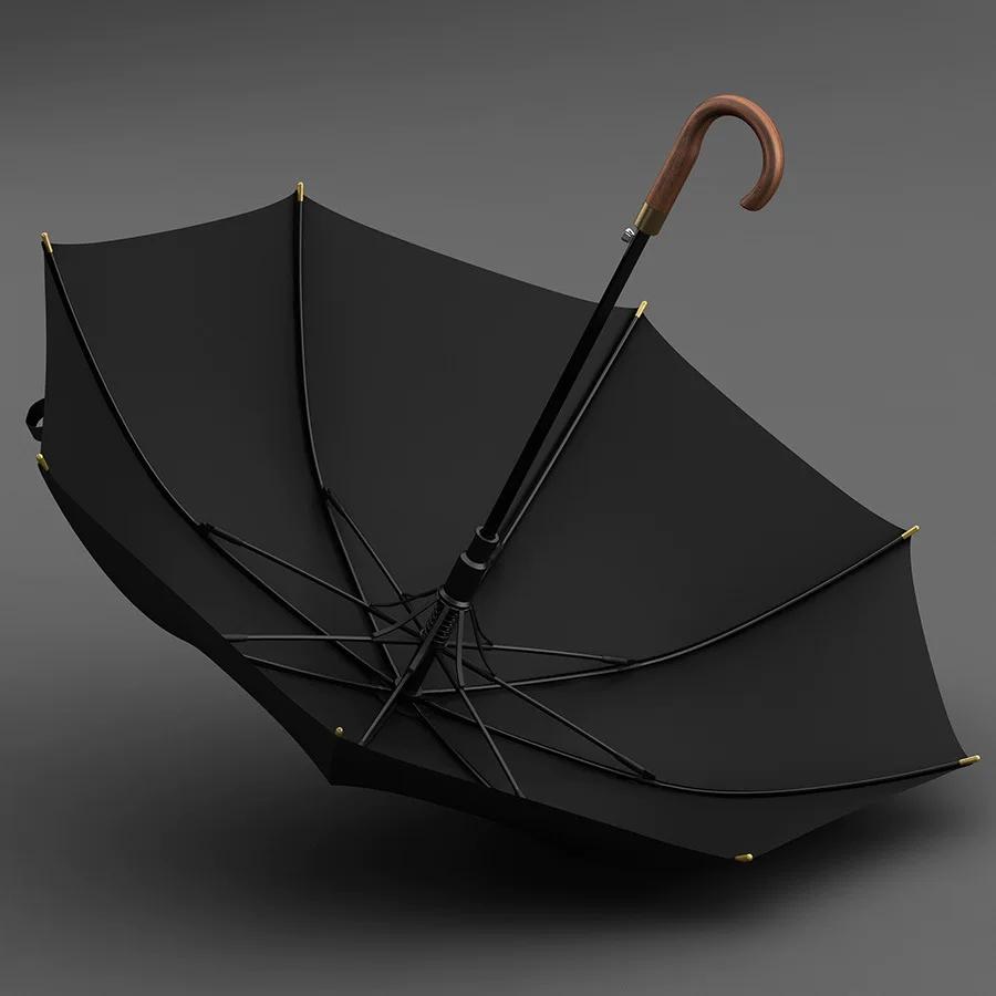 Styl Mori Retro Drewniany Uchwyt Automatyczny Parasol z Prostym Trzonkiem 8-Prętowy Solidny Odporny na Ulewy Jednokolorowy Parasol z Długim Uchwytem Męski Bardzo Duży