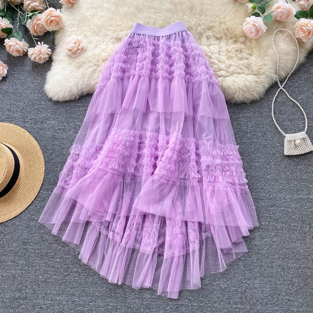 Gerüschter Feen-Temperament-Rock Frühling und Sommer Dünn und Lang Hohe Taille A-Linienform Mesh Unregelmäßiger Kuchenrock