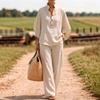 Spring Summer Women Linen Two-piece Set Casual Button Down Shirt + Wide Leg Pants Outfit