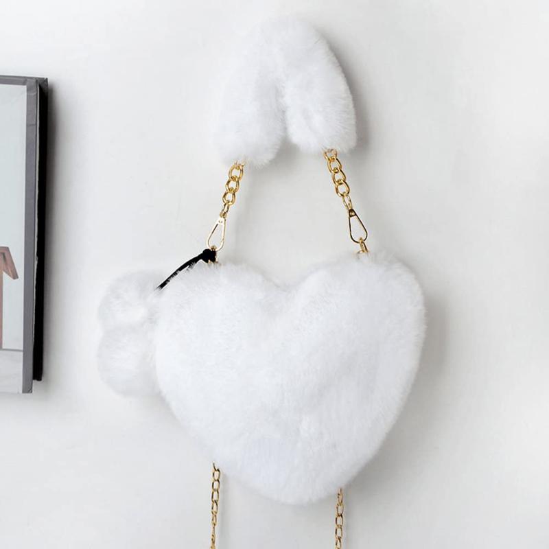 Fashionable Women's Faux Fur Cute Heart-shaped Portable One Shoulder Plush Crossbody Bag Cute Chain Bag Valentine's Day Gift