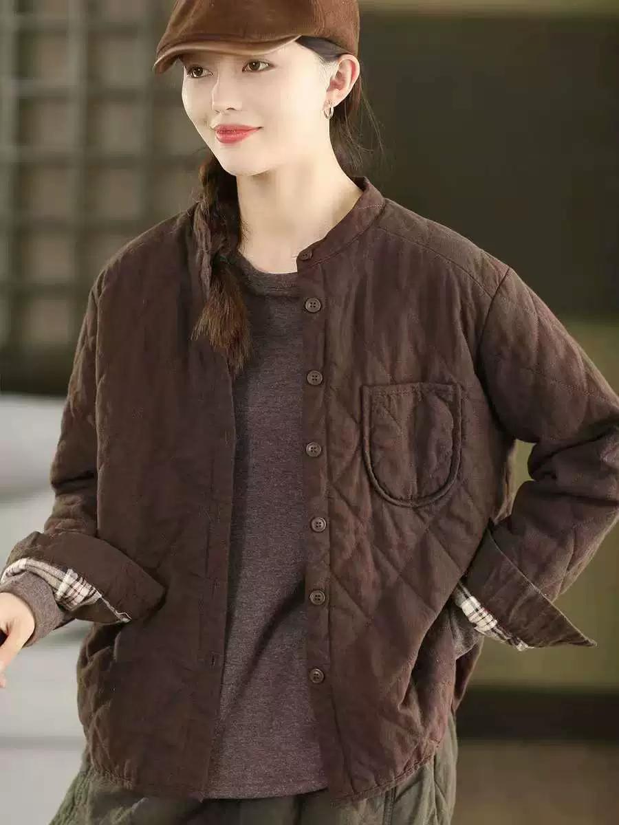 

Johnature Women Vintage Jackets Stand Long Sleeve Coats Autumn Solid Color Button Pockets Casual Female Jackets XL кавовий