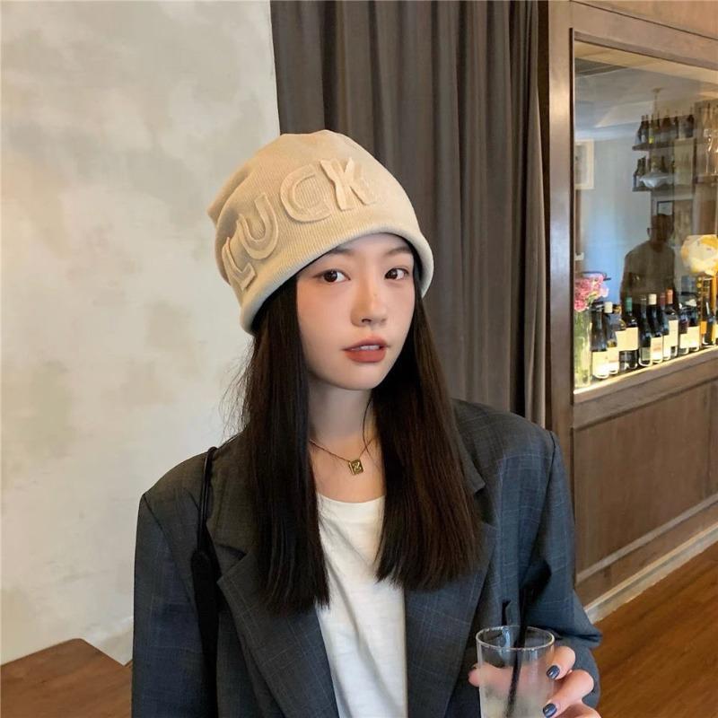 Autumn and winter new face small letter cold hat women's ear protectors bag head stacking hat big head circumference knitted hat
