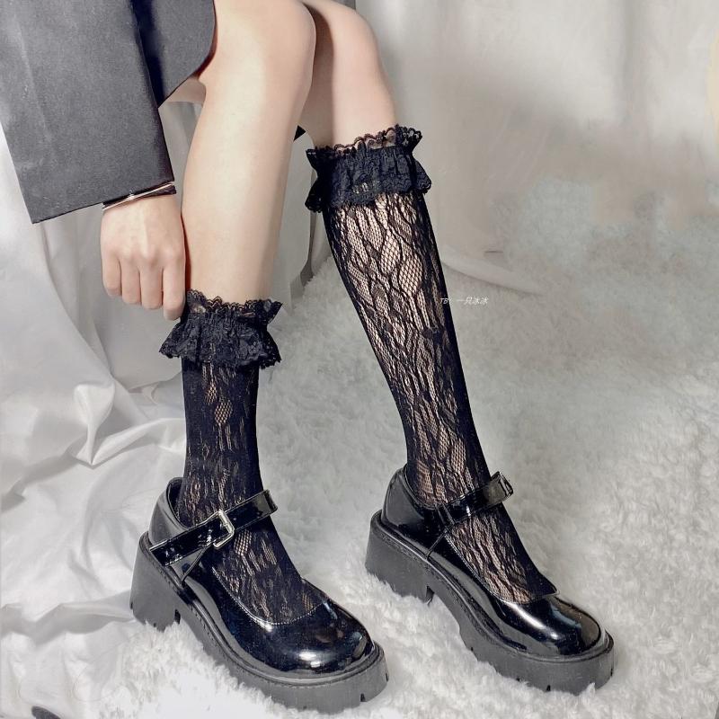 Lolita JK Lace Fishnet Stockings for Women Bow Hollow Soft Sweet Lolita Calf Socks Ballet Style Over The Knee Socks