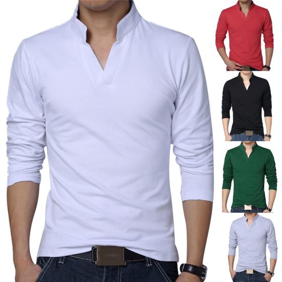 Solid Color Men Plus Size Stand Collar V Neck Long Sleeve T-Shirt Slim Fit Top