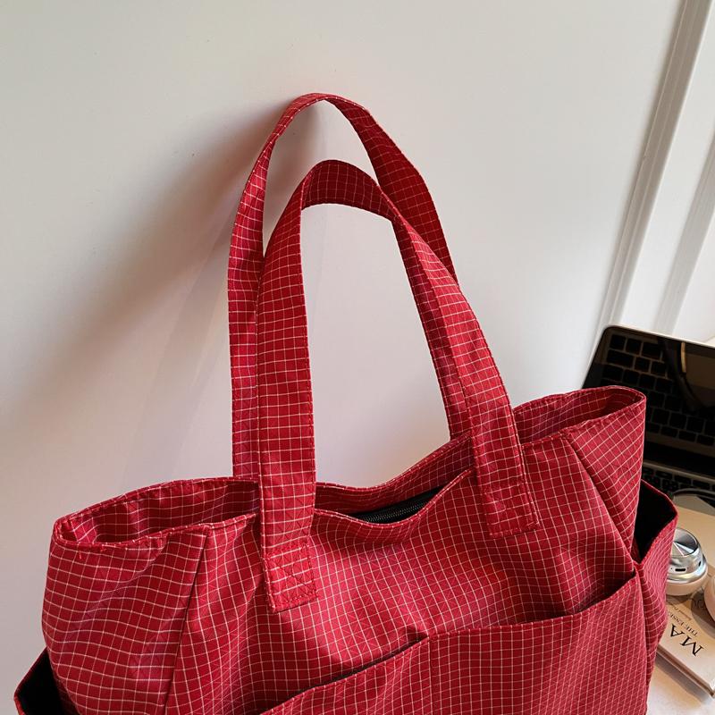 Schultertasche mit großer Kapazität Damen Vintage Karomuster Nylontasche Tragetasche Pendler Tragbar Unterarmtasche