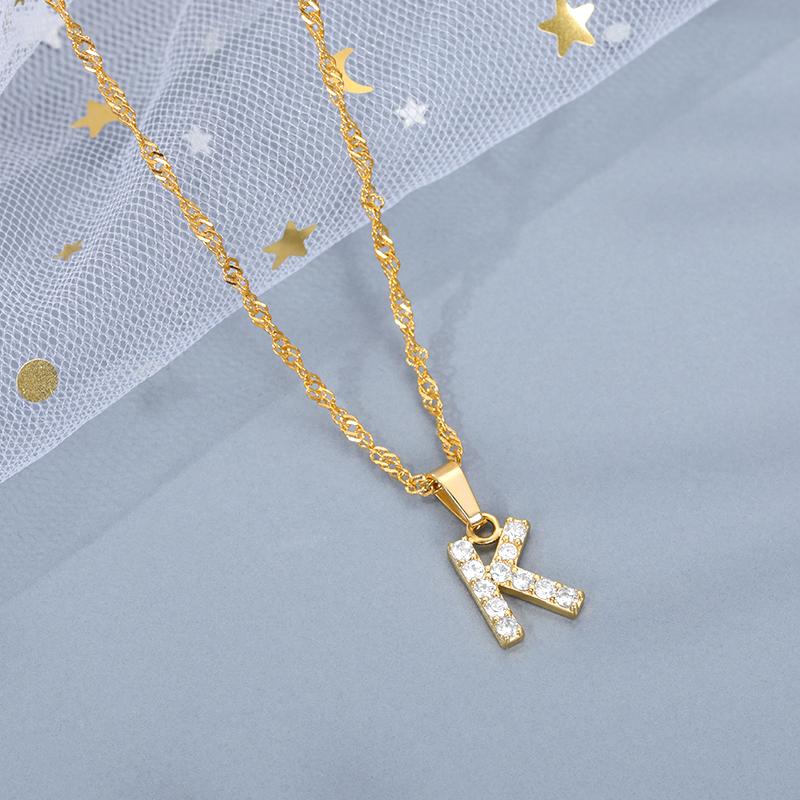 Cubic Zirconia Initial Letter Pendant Necklaces For Women Stainless Steel Gold Color Chain Alphabet Chokers Jewelry Accessories