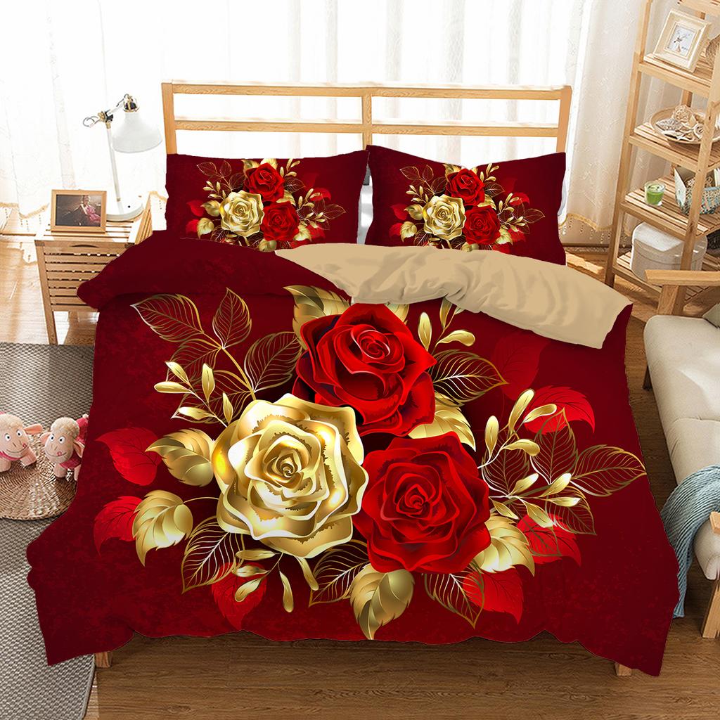 Golden Red Rose King Queen Duvet Cover Romantic Floral Bedding Set Valentine's Day Flowers Quilt Cover Polyester Comforter Cover
