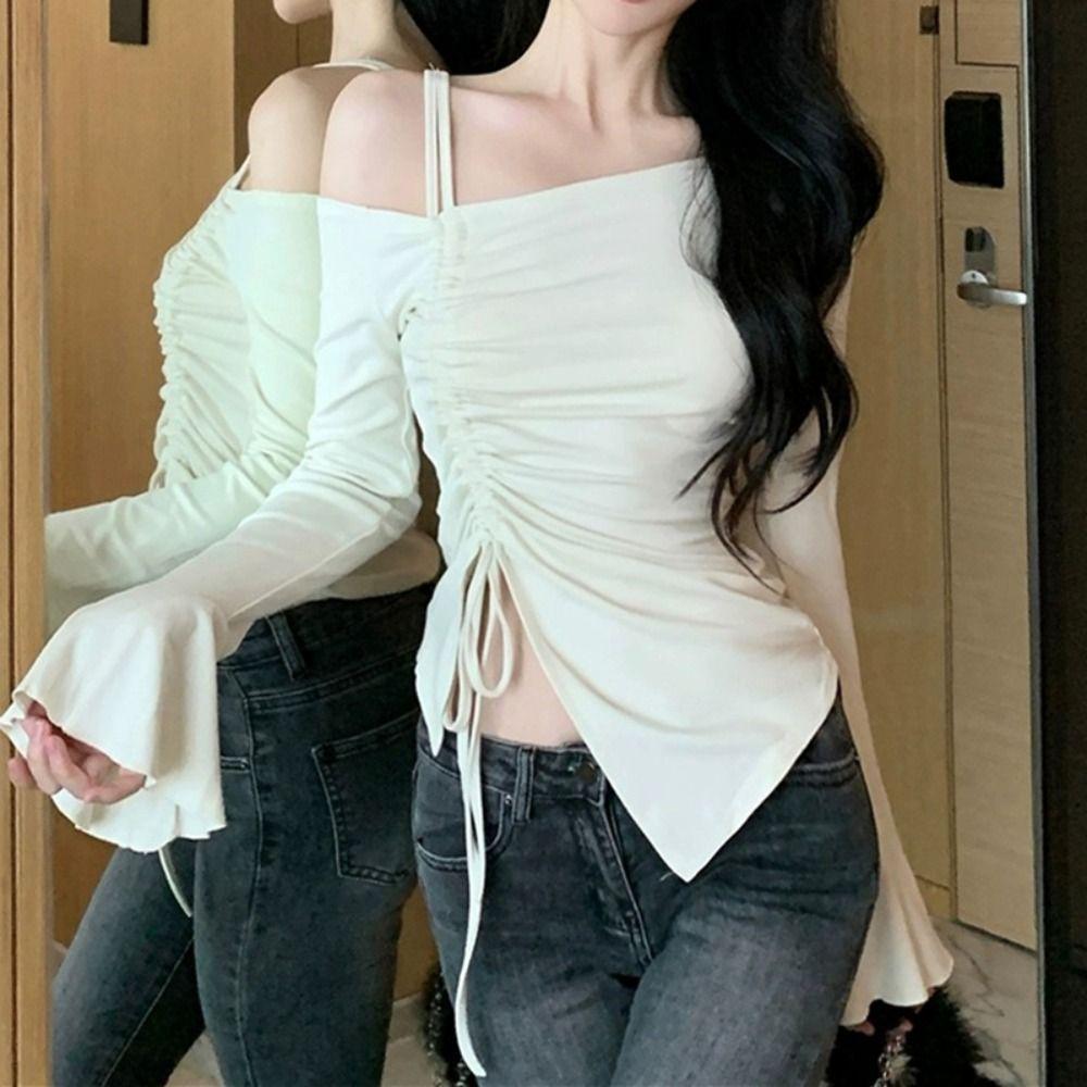 Drawstring Off Shoulder Top Slim Slanted Shoulder Top Sweet Long Sleeve Crop Top Summer