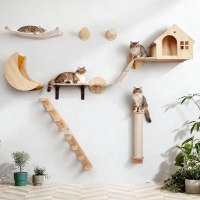 Cat Furniture Solid Wooden Suspension Bridge Wall Mounted Sisal Cat Climbing Ladder Treads For Cats To Move and Play
