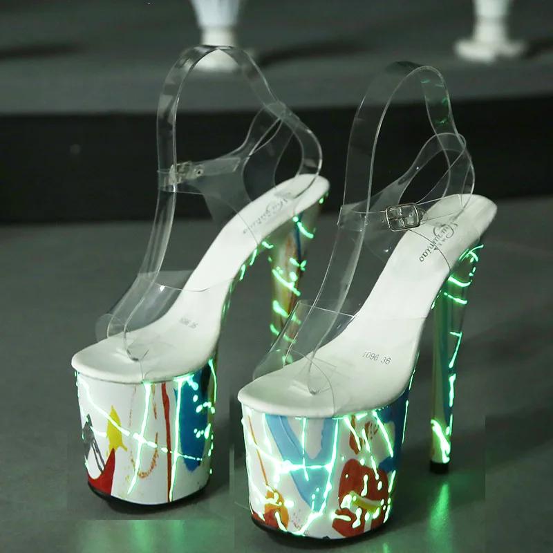 Fashion Designer 20CM Hentian High Nightclub High Heel Shoes Fluorescent Sandals Women's Shoes Walking Show Steel Pipe Dance Shoes